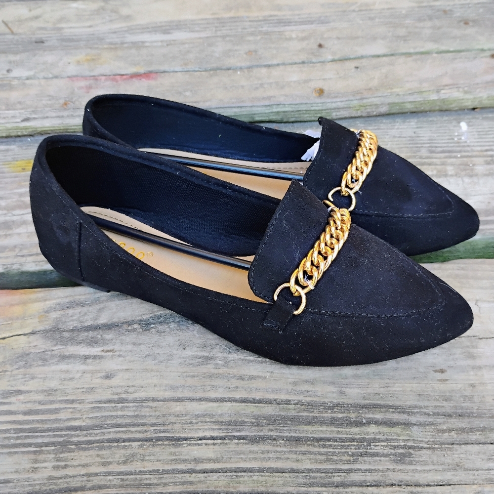 Women's black suede chain loafers